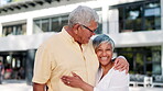 Old couple, face and hug outdoor for happy retirement or holiday in Mexico for vacation, romance or love. Man, woman and embrace in backyard or peaceful zen as senior partnership, relax or weekend