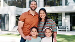 Face of happy family, hug and real estate for new home, mortgage loan or property investment together. Portrait of homeowner, excited man and proud woman moving into a house with kids in backyard