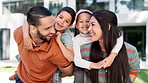 Face of happy family, piggyback or real estate for new home, mortgage loan or property investment together. Portrait of homeowner, excited man and proud woman moving into house with kids in backyard