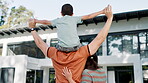 Back view of family, piggyback or real estate for new house, mortgage loan or property investment. Homeowner, man and woman moving into home with kid in backyard for support or celebration together