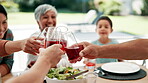 Hands, glasses and drink cheers for celebration in garden for family birthday or vacation eating, holiday or party. Elderly woman, child and happy toast with beverage for gratitude, meal or bonding