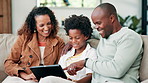 Happy black family, tablet and laughing on sofa for funny joke, meme or online streaming at home. African mother, father and little boy smile with technology on living room couch for bonding at house