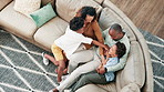 Laughing, tickling and parents with children on sofa having fun, bonding and relaxing together at home. Happy, love and top view of boy kids playing with mother and father in living room at house.