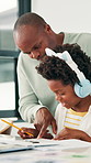 Father, child and teaching with headphones for homework, study or learning together at home. African dad helping son or young little kid in mathematics, literature or counting with books in education