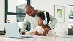 Father, child and laptop or helping with homework for elearning school at home for education, knowledge or studying. Man, son and headphones or notebook for online virtual class, tutor or development