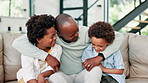 Happy black family, hug and love on sofa for bonding with children on holiday or weekend together at home. Playful African father, kid or young boys smile in relax, embrace or fun in living room