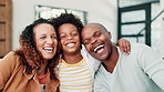 Happy black family, hug and love for bonding with child on holiday or weekend together at home. African father, mother and kid or young boy smile in relax for fun or support in living room at house