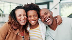 Happy black family, hug and child love for bonding, holiday or weekend together at home. Portrait of African father, mother and kid smile in relax for fun, embrace or support in living room at house