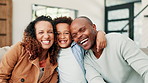 Happy black family, hug and child embrace for love, bonding or holiday weekend together at home. Portrait of African father, mother and kid smile in relax for fun or support in living room at house