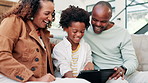 Happy black family, tablet and games on sofa for entertainment, social media or online streaming at home. African mom, dad and son smile with technology for bonding, movie or weekend in living room