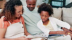 Parents, child and reading book for literature and bonding, storytelling and support in knowledge. Black family, boy and relaxing on couch and literacy development, language and conversation at home