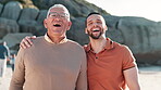 Senior man and child with happy face on beach, laughing and funny joke on summer vacation. Family, love and portrait for together with care, bonding and travel adventure on outdoor leisure by ocean