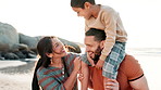 Beach, parents and boy on shoulders of father for adventure, playing or bonding together. Happy, sunset and child or kid with young mom and dad by ocean on tropical vacation, holiday or weekend trip.