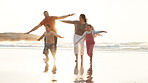 Plane, game and family on beach at sunset playing with freedom, happiness and travel on holiday. Summer, vacation and parents running with children in flight of airplane on sand and bonding together