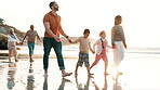 Beach, walking and family holding hands, travel and happiness with weekend break and summer. Grandparents, mother and father with sunshine and seaside with vacation, love and ocean with children