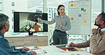 Woman, presentation and meeting for interior design, planning or collaboration at office. Creative female person, mentor or coaching and training staff in teamwork for project or startup at workplace