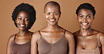 Face, skincare and natural with black woman friends in studio on a brown background for a wellness routine. Portrait, aesthetic and smile with a group of people looking happy at beauty treatment