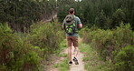 Man, hiking and walking in nature for travel adventure, wellness and fitness or journey in a backpack. Back of hiker or person trekking in a forest and mountains for exercise and eco friendly tourism