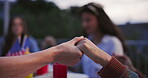 Holiday dinner, holding hands or family pray for special American event, religion or gratitude. Outdoor closeup, solidarity or holy people worship God at group supper, Independence Day or 4th of July