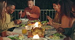 Friends, night and food at party, patio and happy for conversation, dinner and new years eve celebration. Women, man and group at table with chat, memory and comic laugh for joke, diversity and event