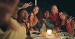 Friends, outdoor selfie and dinner in night, patio or happy for memory, peace sign and new years eve celebration. Women, men and group with diversity, excited and funny face for post on social media
