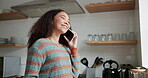 Woman, kitchen and phone call or laughing at home, happy and relaxing in apartment. Female person, communication and mobile application for funny online conversation, humor and internet connection