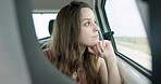 Thinking, driving and young woman in a car on a road trip for adventure, journey or vacation. Idea, reflection and female person from Australia with memory by window in vehicle for holiday transport.