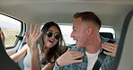 Happy people, dance and sing in car for road trip, travel or adventure in transportation. Excited man and woman or friends smile enjoying bonding, holiday or weekend vacation in vehicle together