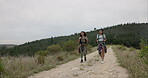 Friends, women in park and hiking in nature, walking and travel together with fun outdoor. Adventure, journey and fitness, sightseeing for tourism in environment and backpacking with trekking