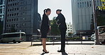 Asian, business people in city and bow for greeting, conversation with travel and commute to work. Professional man, woman and hello in Tokyo, journey and urban street, communication and respect