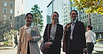 Walking, conversation and face of colleagues in the city talking for communication or bonding. Smile, discussion and portrait of professional Asian business people speaking commuting in urban own.