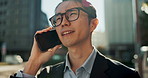 Businessman, phone call and city for communication, conversation or outdoor networking. Face of man or employee talking on mobile smartphone for business discussion, chat or proposal in an urban town