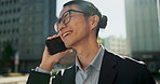 Businessman, phone call and laughing in city for funny joke, communication or conversation. Face of man or employee talking on mobile smartphone for business discussion or proposal in an urban town