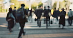 Walking, city and crowd of business people in street for journey, morning commute and travel. Professional, corporate workers and blur of people on road for career, work and job in urban town