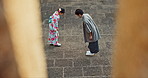 Japanese people, bow and traditional clothes with hello, top view with respect and culture. Couple outdoor together at temple, greeting with modesty and tradition, polite and kind for religion