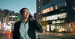 Businessman, phone call and night in city for conversation, laughing or outdoor travel. Happy asian man or employee smile and talking on mobile smartphone in late evening for discussion in urban town