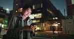 Asian woman, phone and typing at night in city for communication, social media or outdoor networking. Young business female person on mobile smartphone in late evening for chatting in urban town