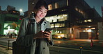 Happy asian woman, phone and typing at night in city for communication, social media or outdoor networking. Young business female person on mobile smartphone for late evening chat in an urban town