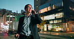 Businessman, phone call and laughing at night in city for funny joke, conversation or outdoor travel. Happy asian man or employee smile and talking on mobile smartphone in late evening for discussion