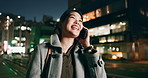 Asian woman, phone call and laughing at night in city for funny joke, conversation or outdoor travel. Happy female person smile and talking on mobile smartphone in late evening for discussion in town