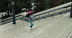 Japanese woman, umbrella and walk in kimono on stairs, city and wellness for heritage celebration. Young person, relax and traditional clothes in tokyo in town, steps and pride in fashion in above