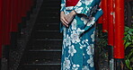 Japan, woman or geisha on stairs in kimono, buddhism ceremony or happy in religion for heritage. Person, smile and beauty in traditional clothes in tokyo culture and style dress as fashion in temple