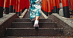 Stairs, feet and person exploring steps in Tokyo, aesthetic and walking for wellness. Japanese person, traditional shoes and culture or aesthetic in outdoors, cardio and travel or commute in city