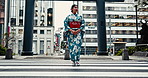 Travel, walking and Japanese woman in the city for exploring, journey or adventure on holiday. Street, outdoor and young female person in kimono commuting in road of urban Tokyo town on weekend trip.