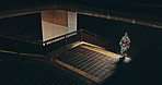 Stairs, walking and woman in the city at night for sightseeing, adventure or journey. Travel, steps and young Japanese female person in kimono commuting in urban Tokyo town on weekend trip.
