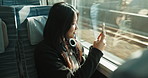 Train, phone and woman in city for travel, commute and journey on metro transportation in town. Passenger, vehicle and Japanese person take picture on smartphone with motion blur on public transport