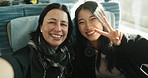 Asian woman, face and bus with selfie, friends and social media with peace sign and smile on public transport. Travel, people and happy from vacation, road trip and holiday on transportation online