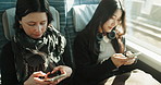 Train, women and smartphone with connection, typing and communication with adventure, journey and travel. People, commute or girls with a cellphone, internet or social media with break or digital app