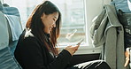 Bus, Japanese woman and smartphone with a smile, typing and connection with adventure, journey and travel. Person, commute or girl with a cellphone, internet and communication with joy or digital app