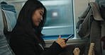 Train, Japanese woman and cellphone with journey, typing and connection with adventure, digital app and travel. Person, commute or girl with a smartphone, internet and communication with social media